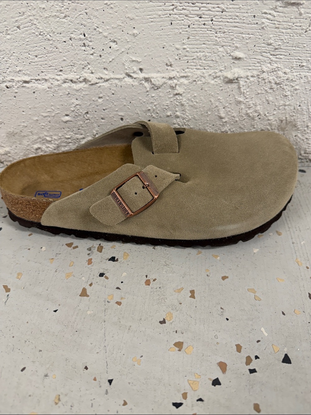 Birkenstock Suede Clog in Light Taupe with Rose Gold Buckle